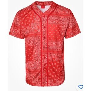 Victorious Men's Red Bandana Baseball Jersey Short Sleeve Button Down Shirt 3XL